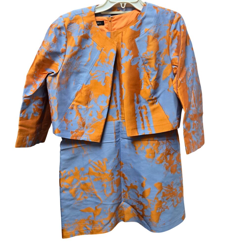 Lafayette 148 New York Orange Blue Jacquard Dress Cropped Jacket Set Sz 14